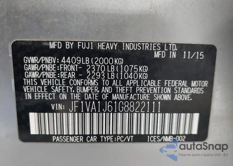 2016 Subaru Wrx Limited from USA, damaged, VIN JF1VA1J61G8822111